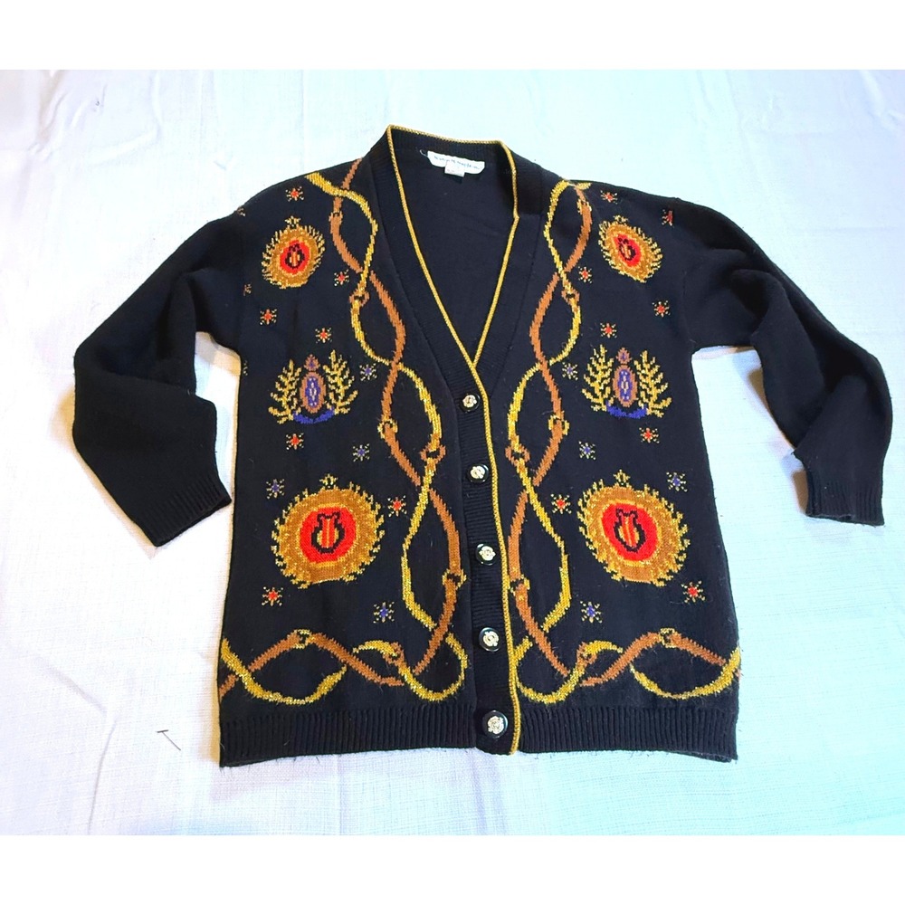 Vintage Norton McNaughton Baroque Cardigan Black Gold‎ Medallion Sweater Medium